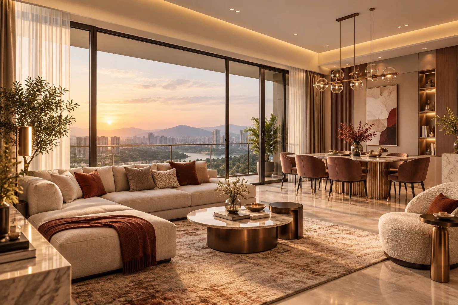 AI-generated lifestyle illustration of a warm luxury living room overlooking a sunset