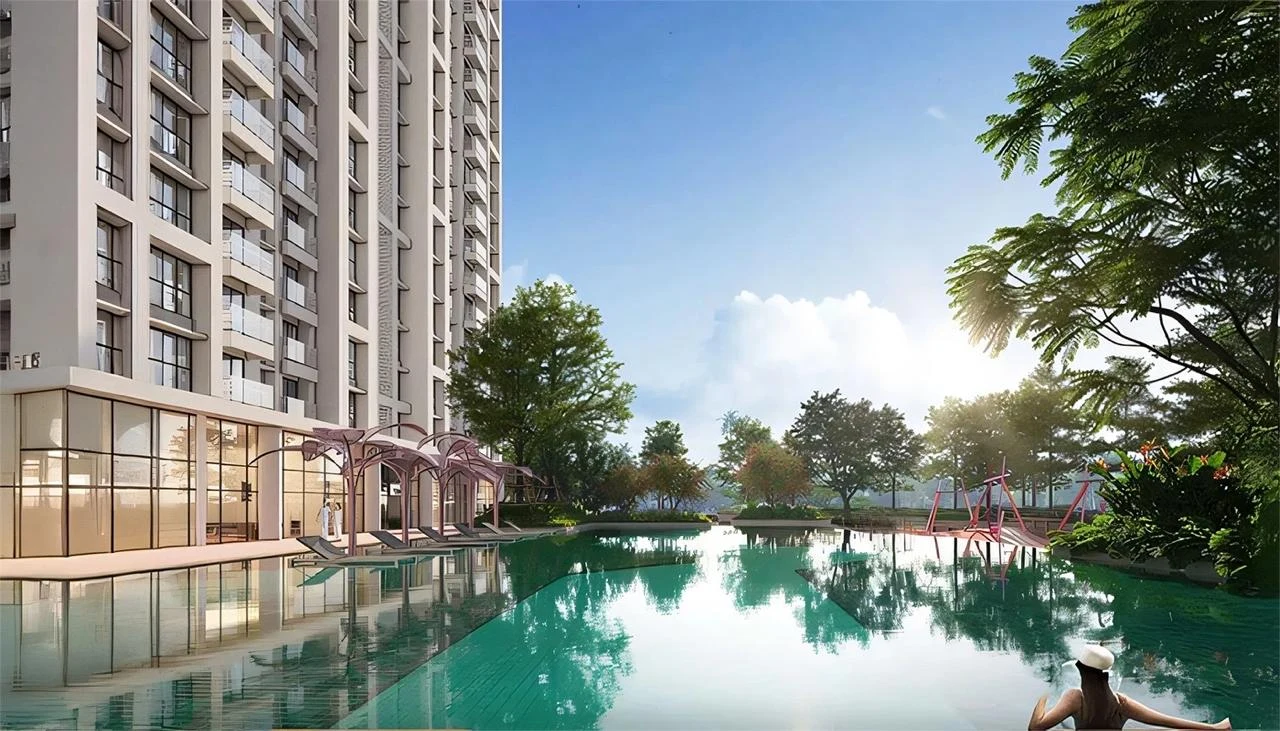 Supplied District 9 render showing a pool beside residential towers