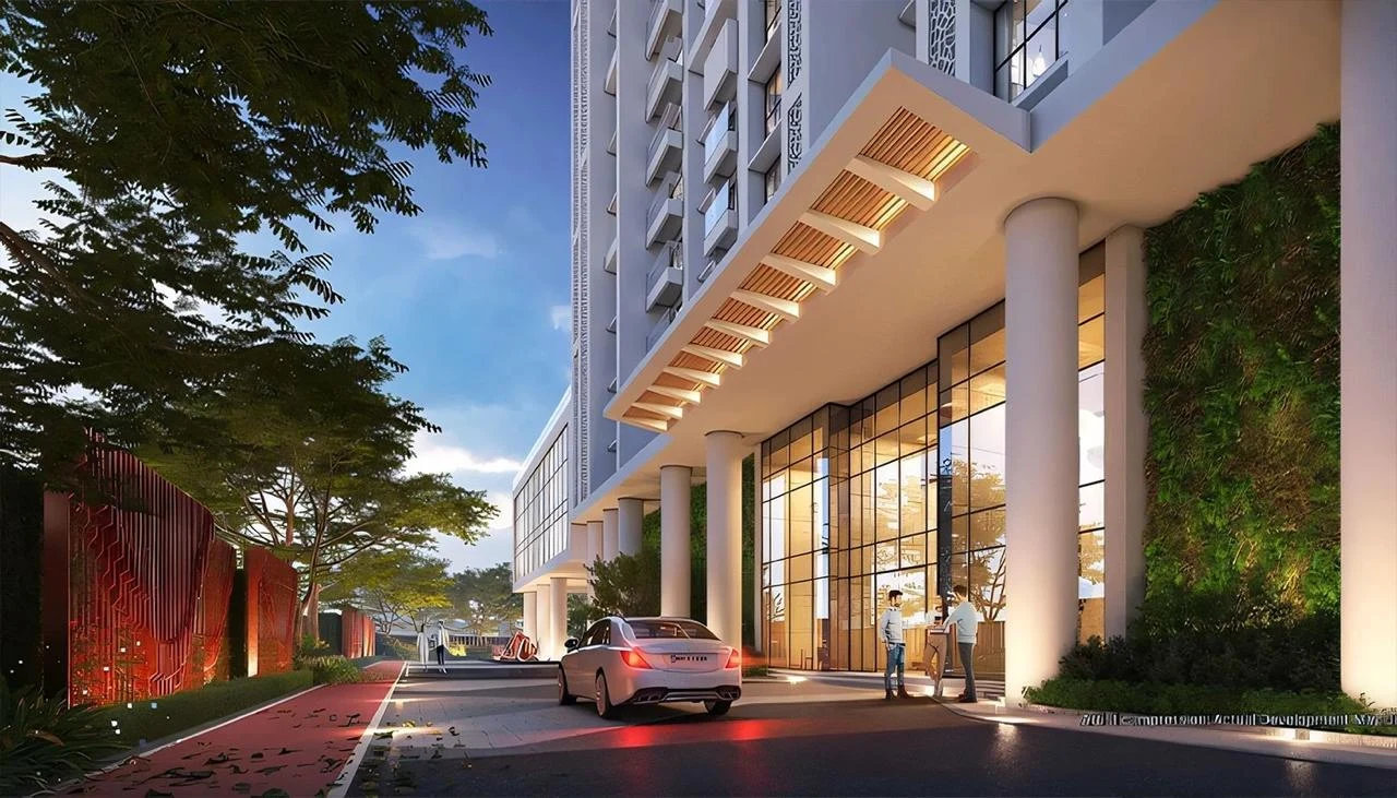 Supplied District 9 render showing a landscaped building entrance